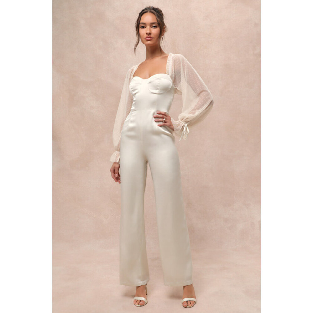 NWT Lulus Gracefully Modern Ivory Satin Mesh Long Sleeve Bustier Jumpsuit White